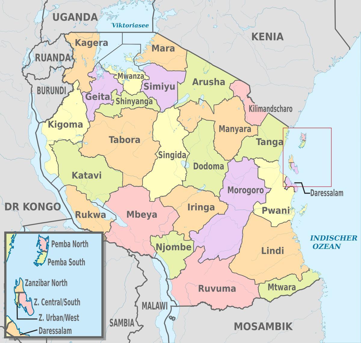 탄자니아지도 보여주는 지역 및 지구