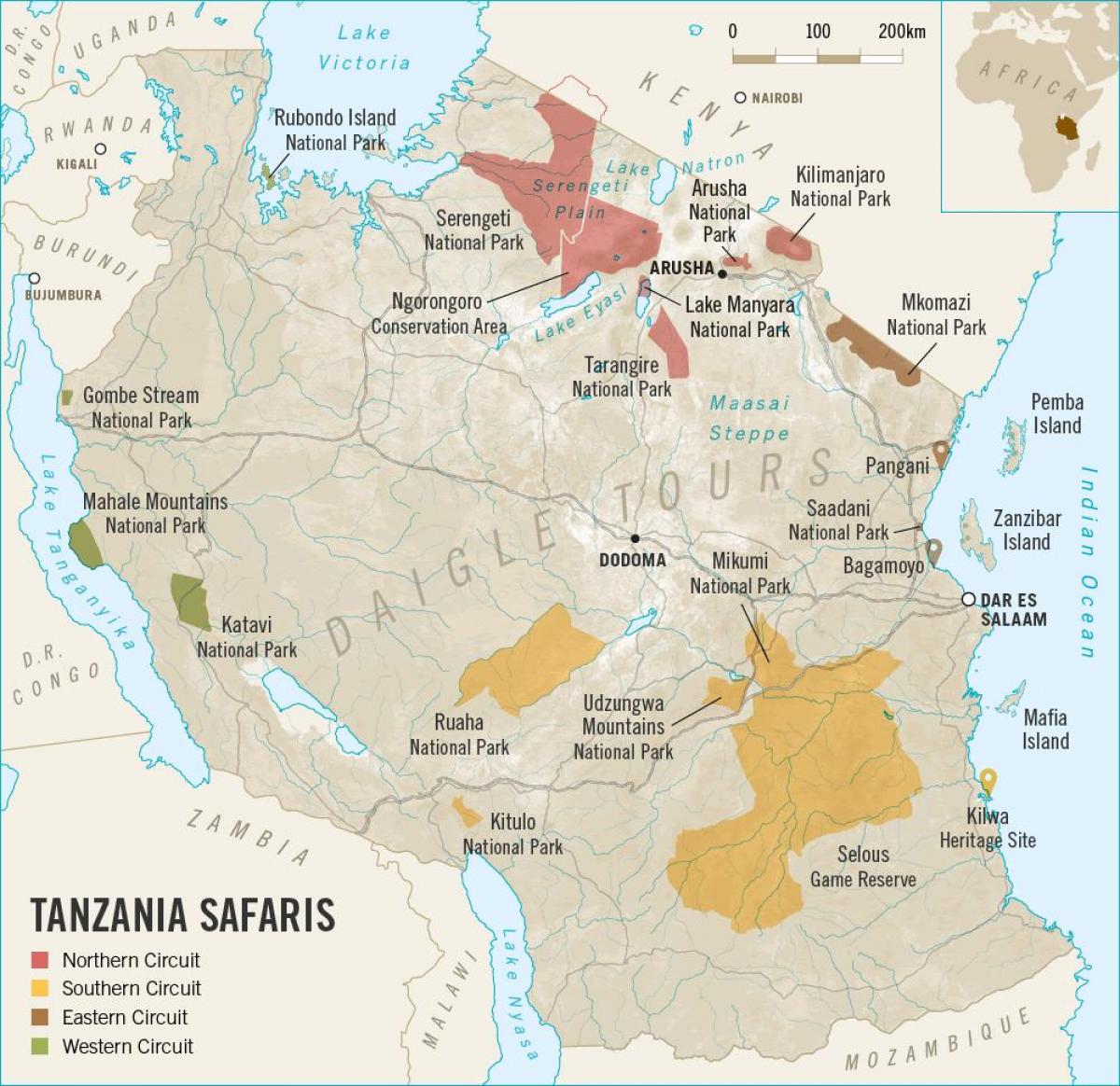 지도 탄자니아의 사파리 